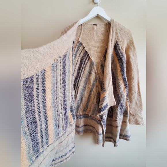 free people cozy kisses natural soft striped open cardigan sweater M - Picture 5 of 8